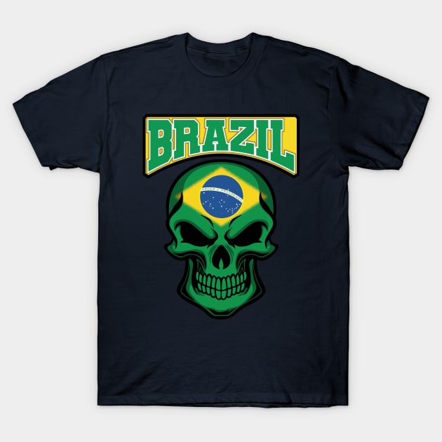 BRAZIL FLAG IN A SKULL EMBLEM T-Shirt by VERXION